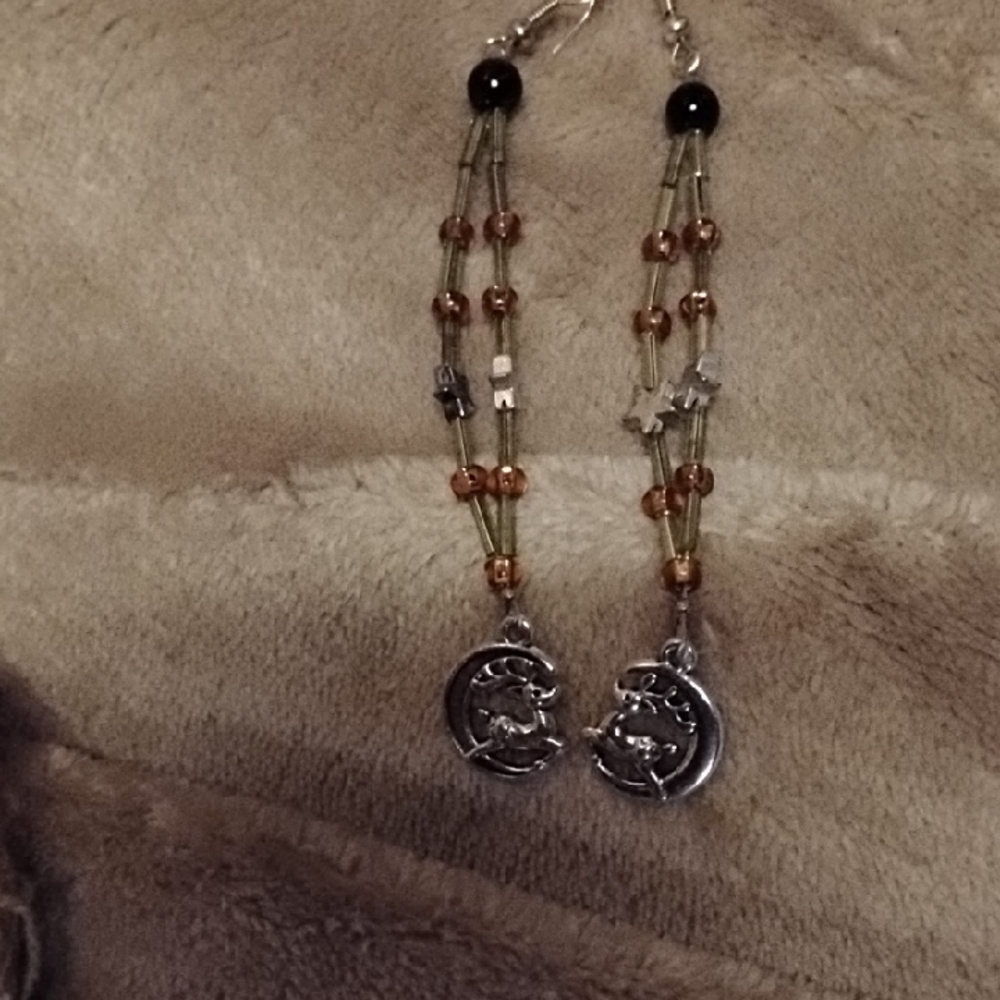 Holiday Silver Reindeer Artisan Green and Brown Beaded Earrings